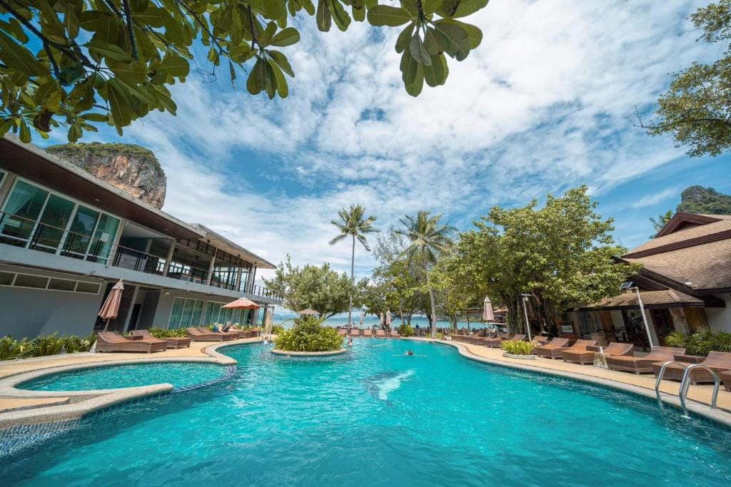 The pool and beachfront grounds at Sand Sea Resort on Railay West