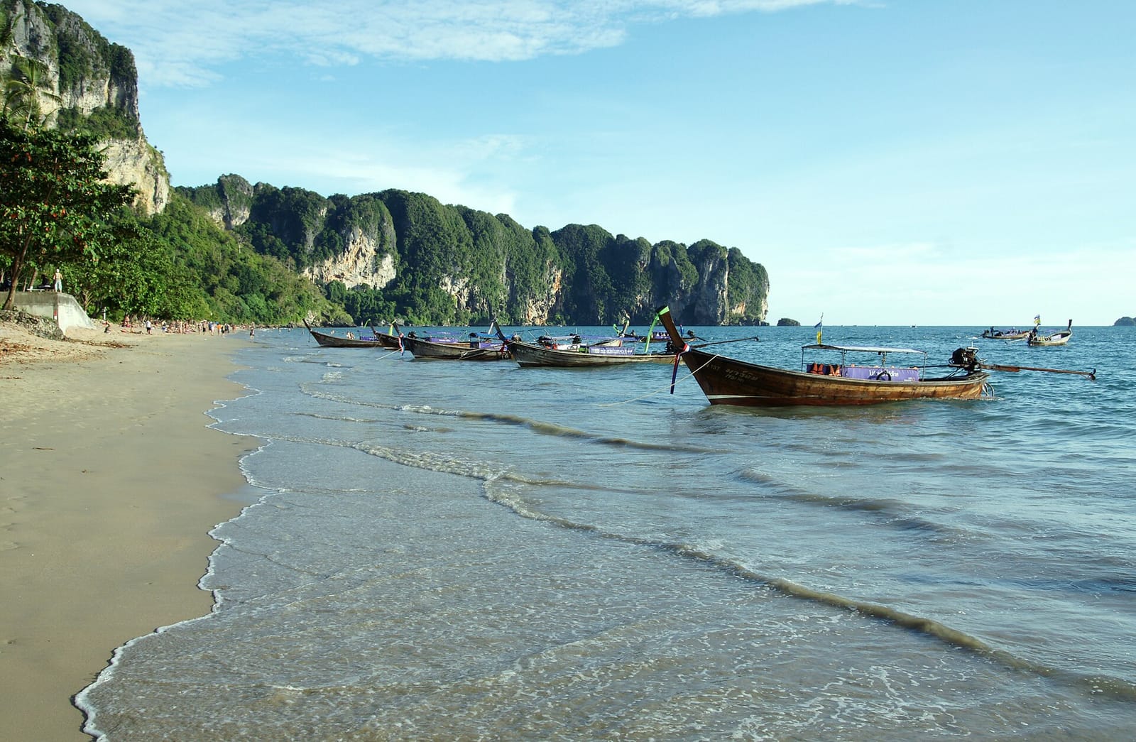 Ao Nang beach in Krabi, the base for a three-day trip, with the longtail harbour along the sand