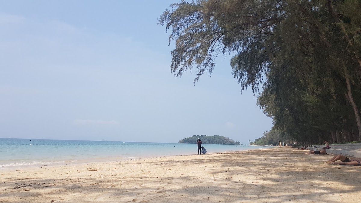 Klong Muang beach in Krabi — a wide sandy shore backed by casuarina trees with a limestone island visible across calm blue water