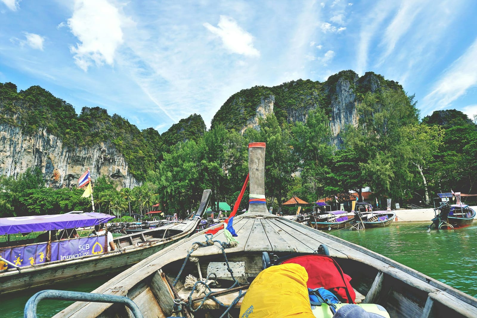 Limestone cliffs seen from a longtail boat leaving Ao Nang