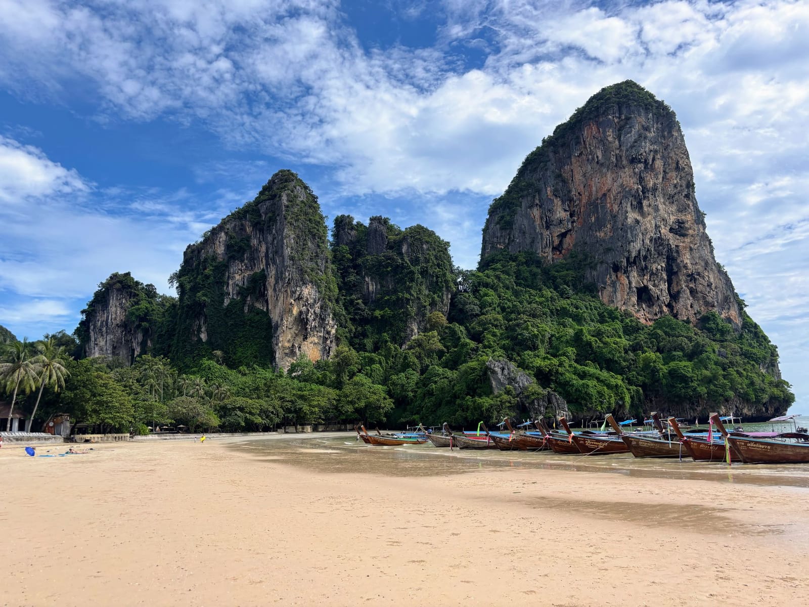 Longtail boats lined up under the limestone cliffs at Railay Beach in Krabi