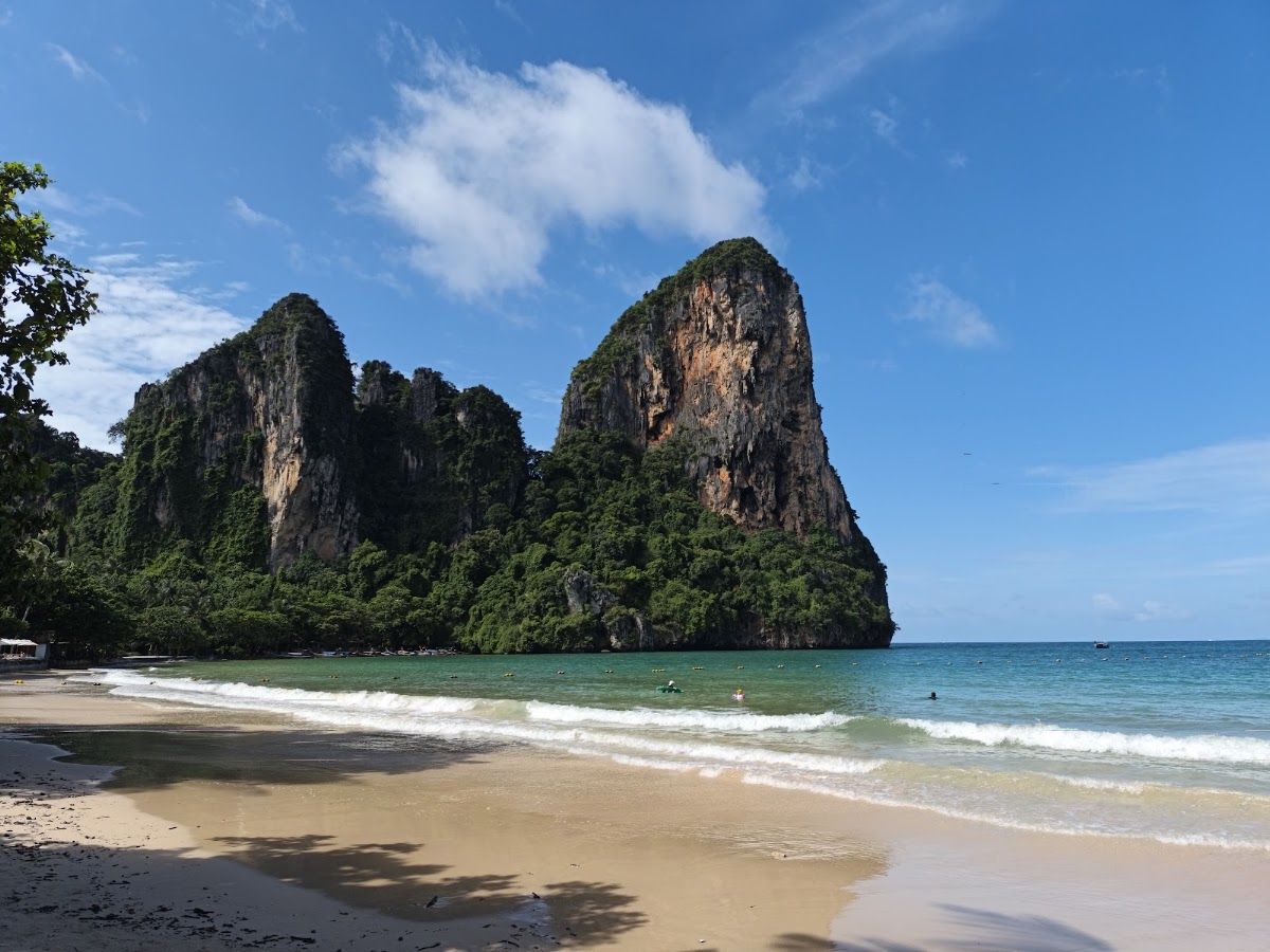 Railay West Beach in Krabi with twin limestone cliffs rising above the sand and clear turquoise water Railay West Beach in Krabi with twin limestone cliffs rising above the sand and clear turquoise water